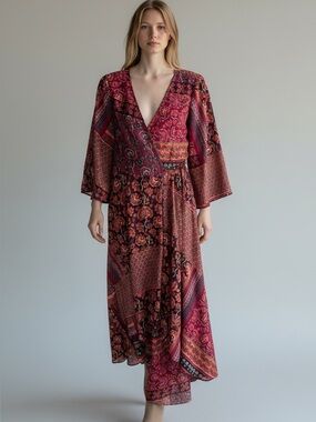 Japna Multicolor Wrap Dress Hi Low Skirt Bell Sleeve Size Medium